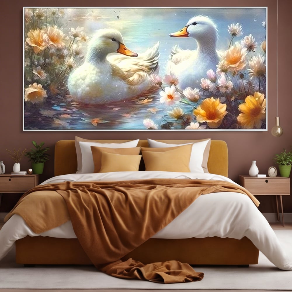 Tablou canvas cu tablou canvas cu rate pe lac, in rama de aluminiu argintiu, pe perete intr-un dormitor